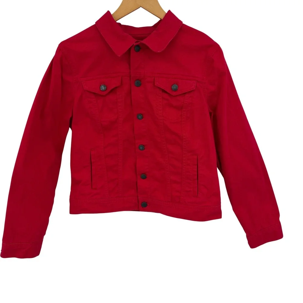 Talbots Womens Cotton Red Denim Trucker Jacket Size MP Petite Button Front